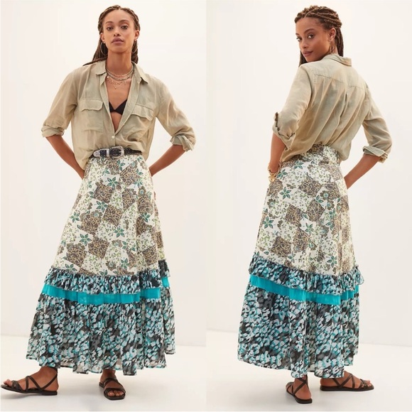 NWT $170 Anthropologie Raga Floral Patchwork Maxi Skirt White Blue XL - Picture 1 of 12